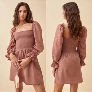 REFORMATION Dunes Praline Smocked Mini Dress Size 12